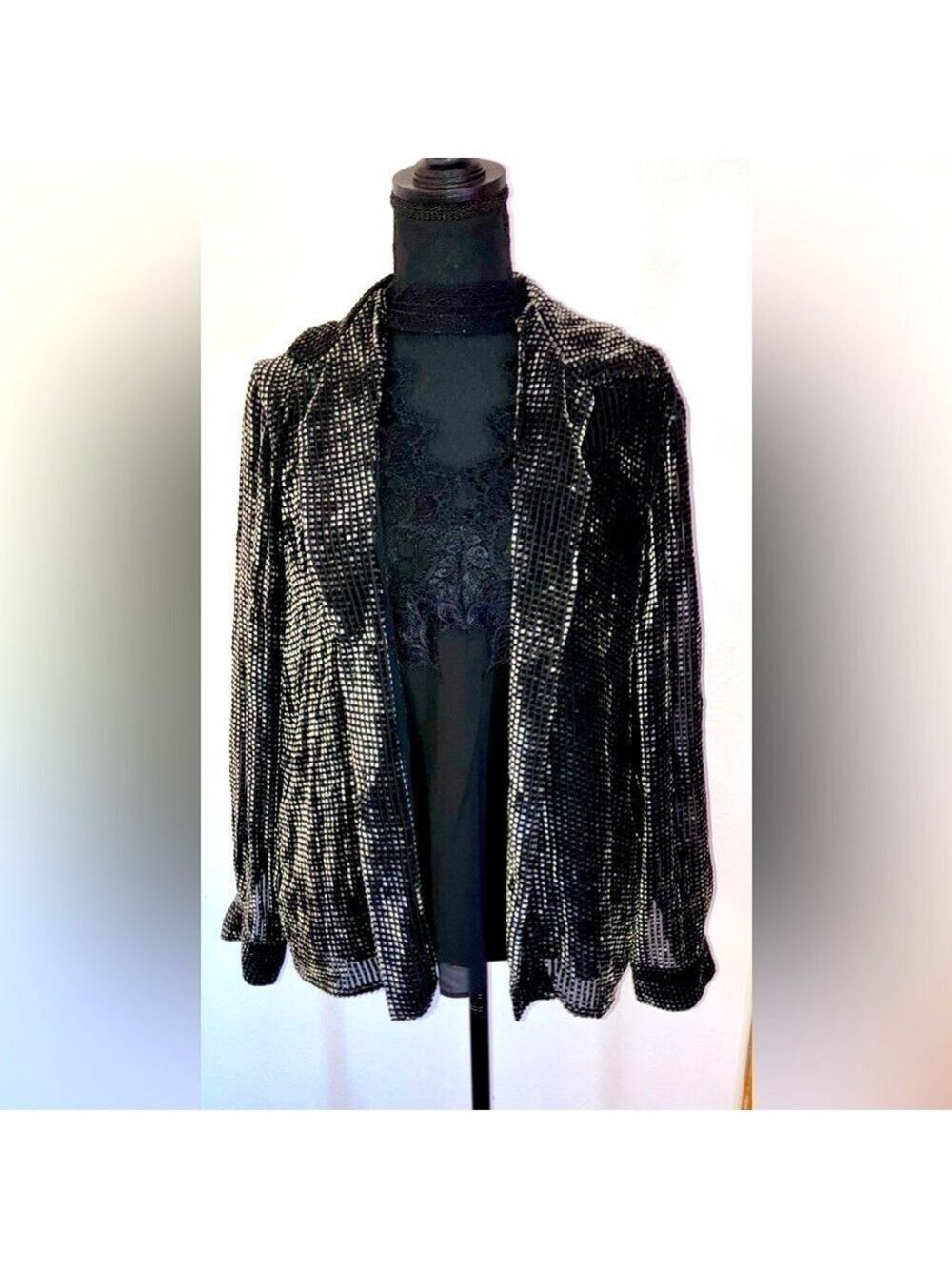 Vintage Y2K Jones NY Silk Blend Velvet Houndstooth Glam Blazer Blouse size 8